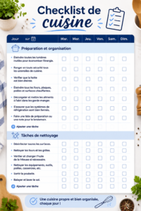 Un modèle de checklist de cuisine sur un plan de travail.