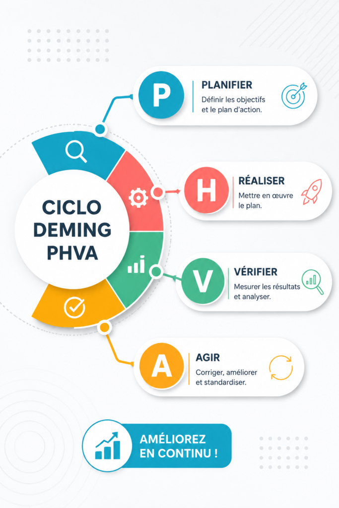 Illustration du Cycle de Deming montrant les étapes Plan, Do, Check, Act.