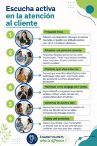 Illustration de l'écoute active dans un environnement professionnel, avec des échanges entre un conseiller et un client.