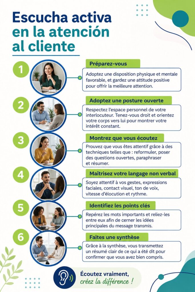 Illustration de l'écoute active dans un environnement professionnel, avec des échanges entre un conseiller et un client.
