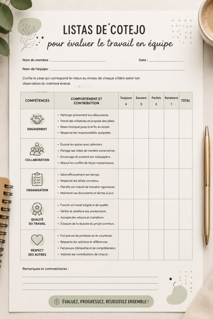 Une femme utilisant un tableau pour évaluer le travail en équipe, avec des notes et des listes de contrôle.