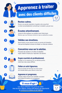 Femme professionnelle souriante, parlant avec un client difficile au téléphone dans un bureau.