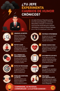 Illustration d'une femme au bureau faisant face à un manager avec une attitude changeante, symbolisant la gestion des humeurs au travail.