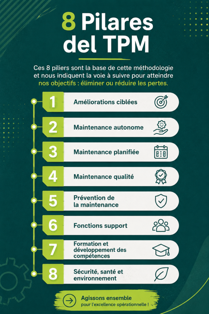 Illustration des 8 piliers du TPM pour la productivité en entreprise