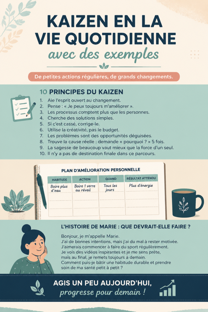 Une femme souriante intégrant le Kaizen dans sa routine quotidienne