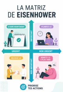 Illustration de la matrice d'Eisenhower, un outil de gestion du temps pratique pour les femmes actives.