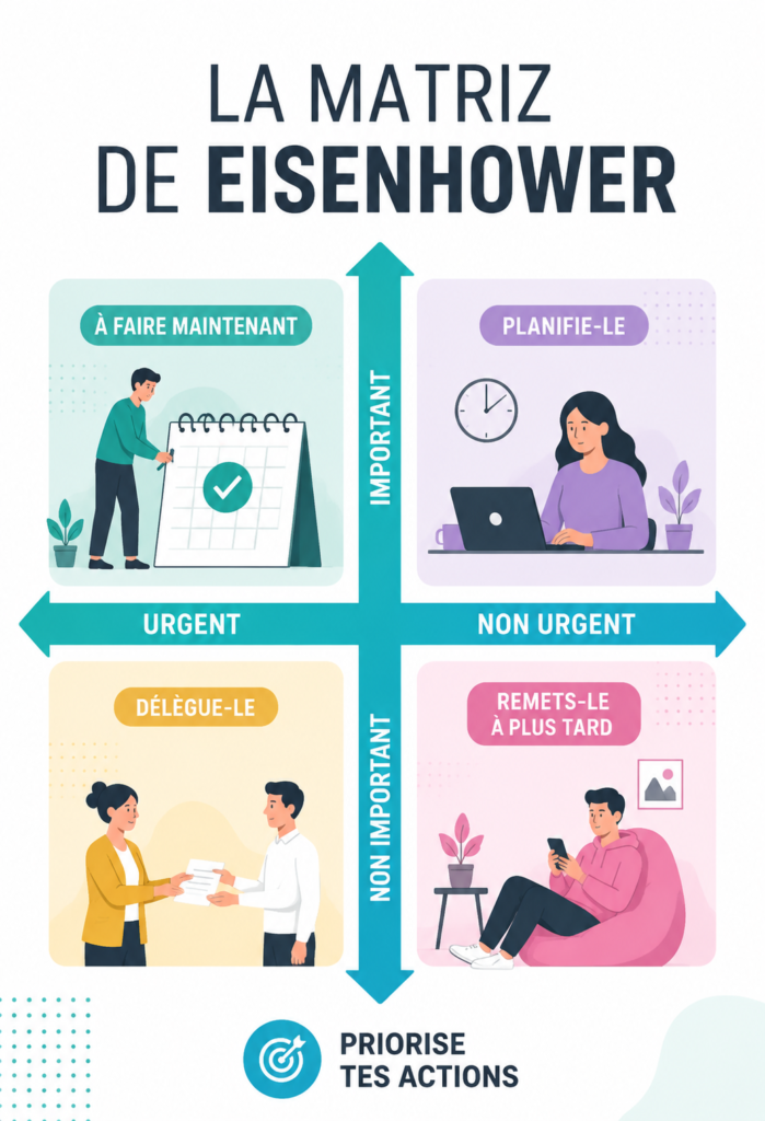Illustration de la matrice d'Eisenhower, un outil de gestion du temps pratique pour les femmes actives.