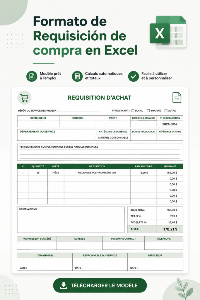 Modèle de requisition d'achat en Excel pour améliorer la productivité en entreprise.