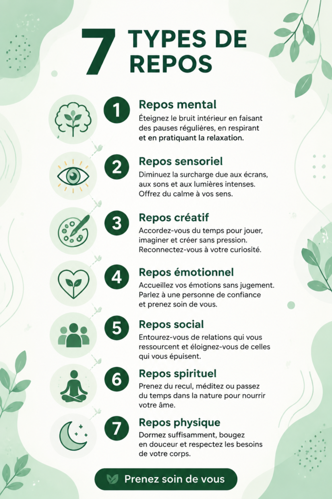 Illustration de différentes activités de repos favorisant la productivité au travail.