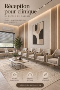 Intérieur d'une réception professionnelle aménagée pour accueillir des clients.