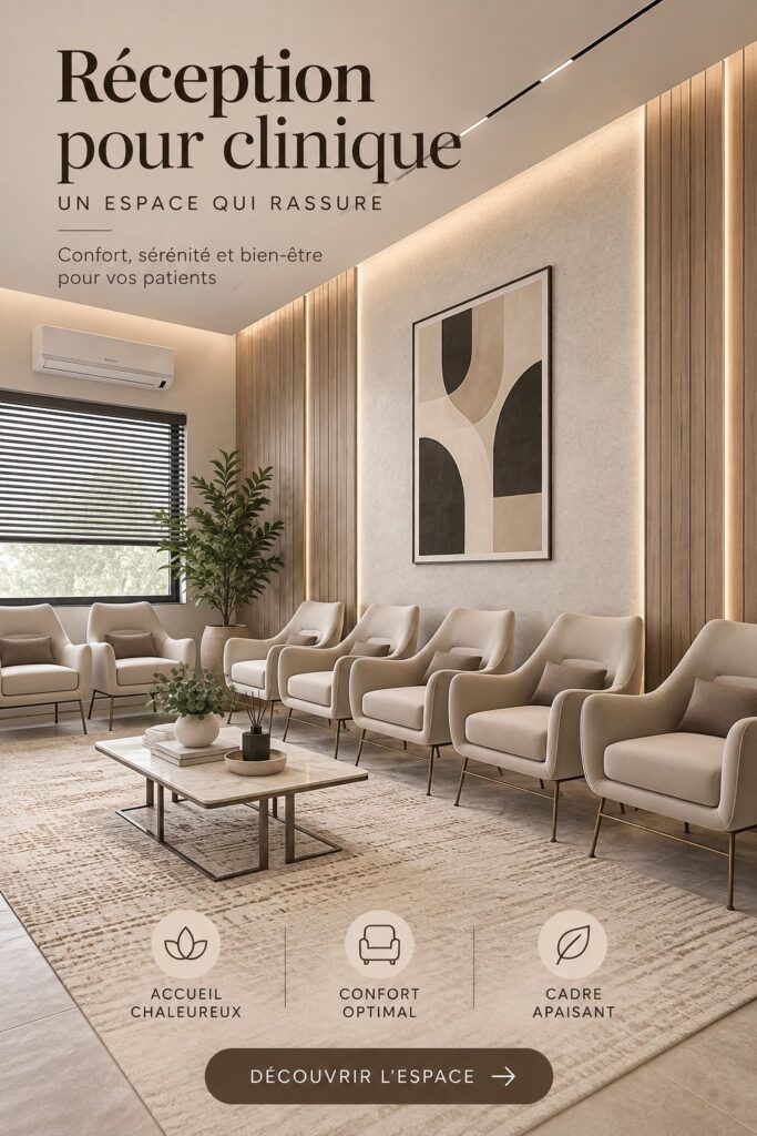 Intérieur d'une réception professionnelle aménagée pour accueillir des clients.