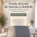Femme en train de participer à un appel Zoom avec un fond professionnel.