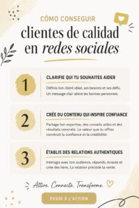 Une femme d'affaires souriante travaillant sur son ordinateur dans un café, inspirée par des idées pour attirer des clients de qualité sur les réseaux sociaux.