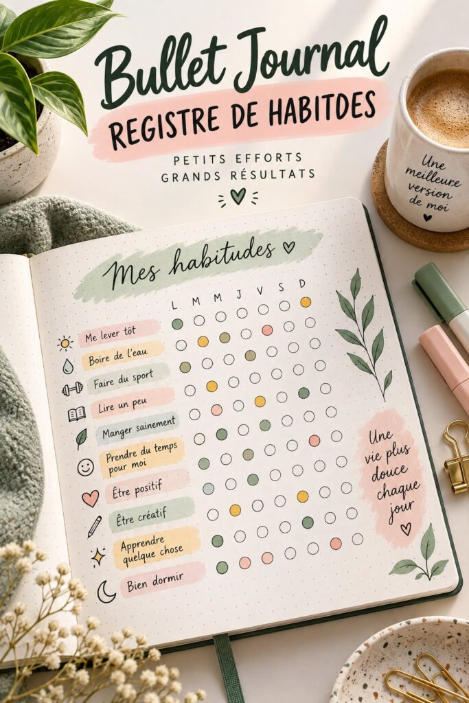Bullet journal avec des sections pour le suivi des habitudes, joli et coloré