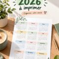 Un calendrier 2026 imprimable sur un bureau, prêt à être utilisé pour l'organisation.