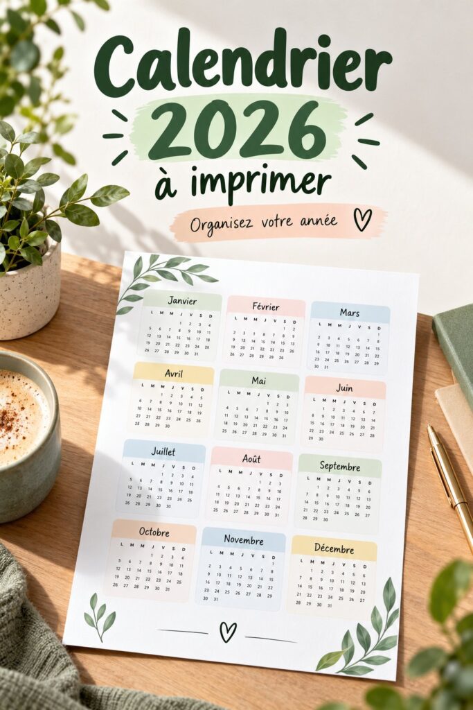 Un calendrier 2026 imprimable sur un bureau, prêt à être utilisé pour l'organisation.