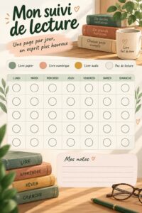 Une femme souriante en train de planifier son calendrier de lecture avec un carnet et un café.