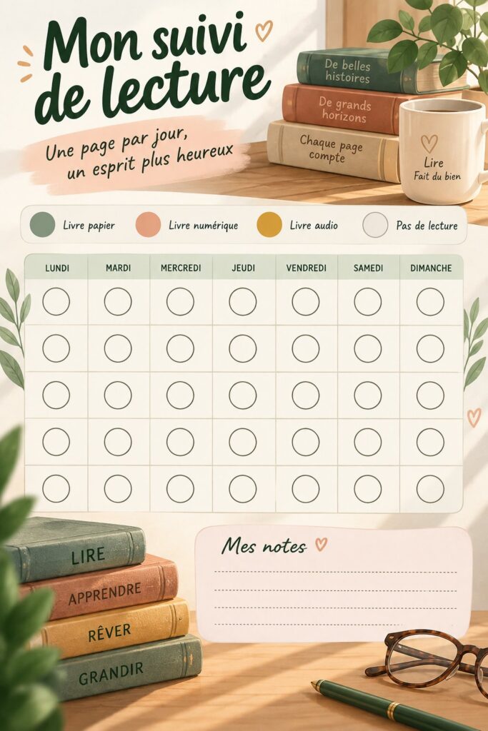 Une femme souriante en train de planifier son calendrier de lecture avec un carnet et un café.