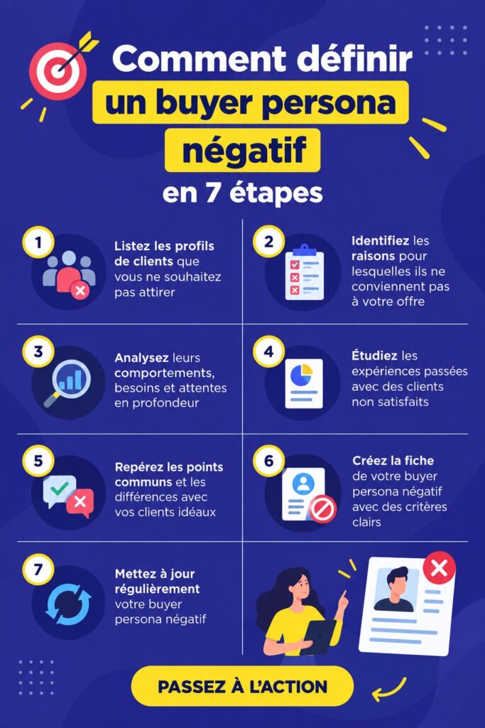 Illustration représentant une femme d'affaires définissant son buyer persona négatif