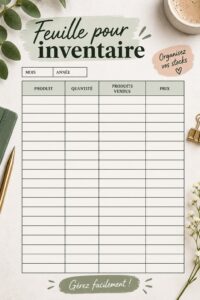 Une feuille d'inventaire sur un bureau avec des fournitures de bureau