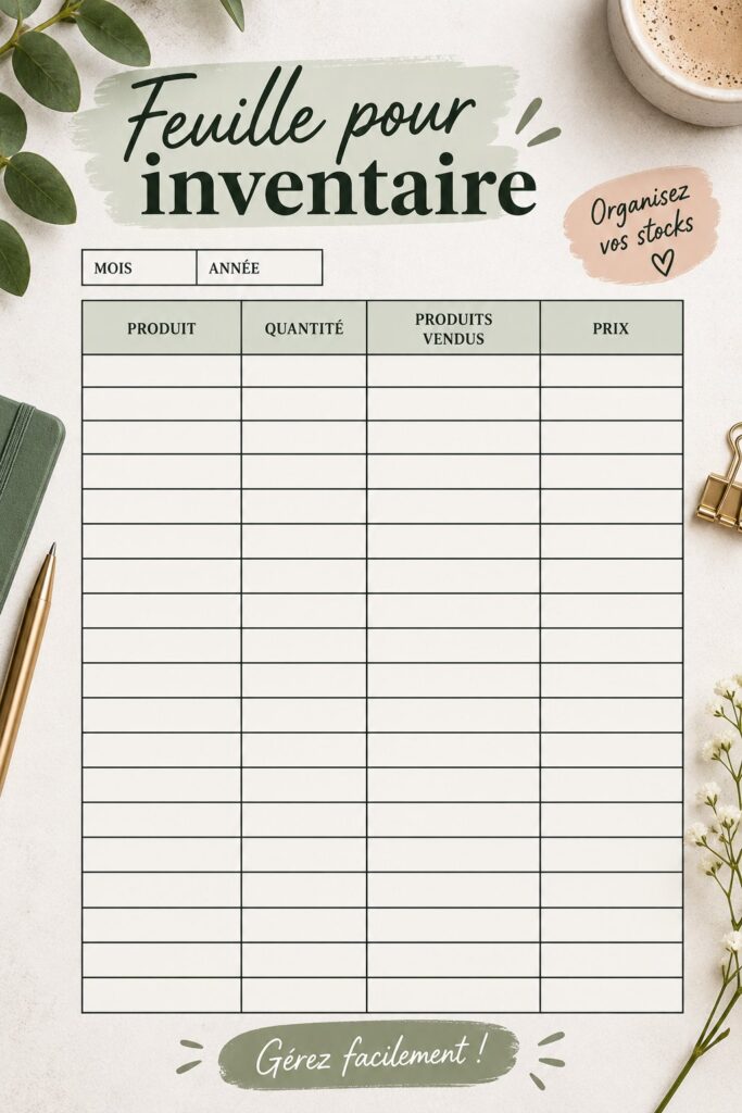 Une feuille d'inventaire sur un bureau avec des fournitures de bureau