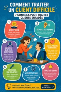 Femme discutant avec un client mécontent avec un sourire apaisant.
