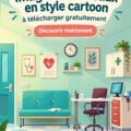 Bureau avec des illustrations cartoon colorées sur les murs, créant une ambiance joyeuse.