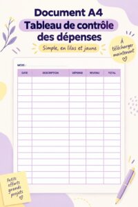 Tableau de dépenses couleur lilas et jaune sur un bureau