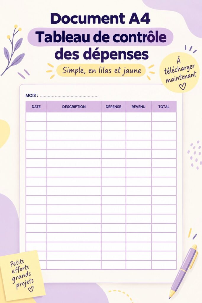 Tableau de dépenses couleur lilas et jaune sur un bureau
