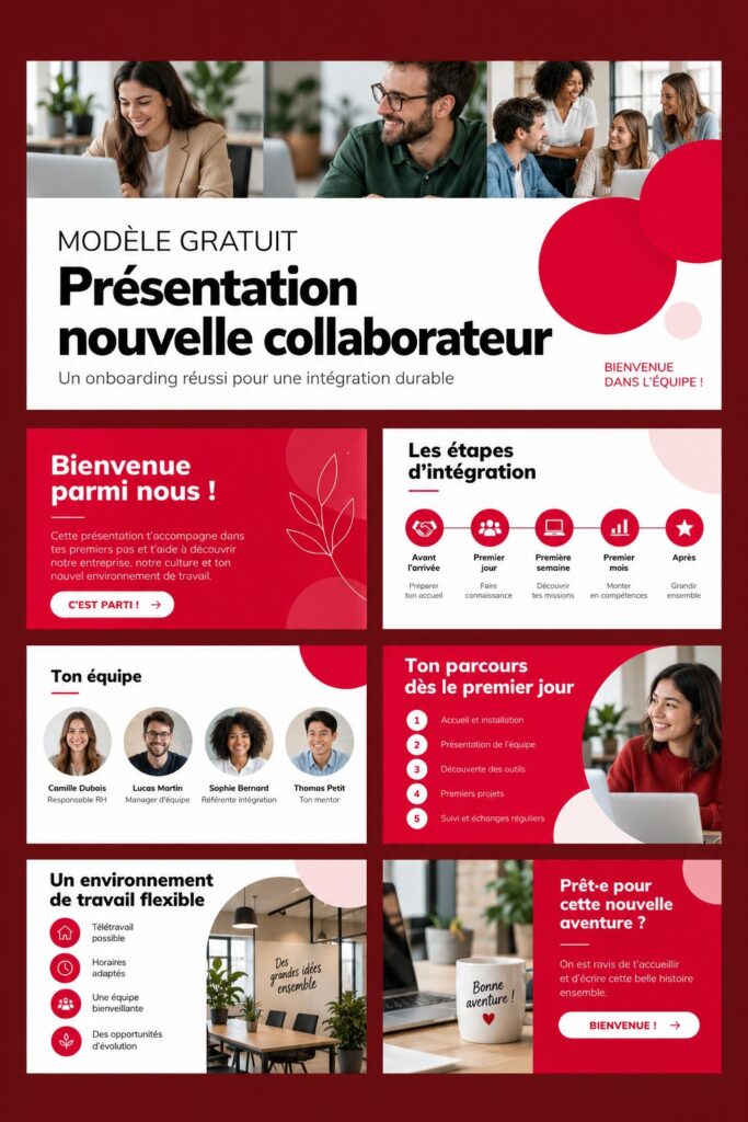 Modèle d'onboarding professionnel avec infographie et outils de présentation.