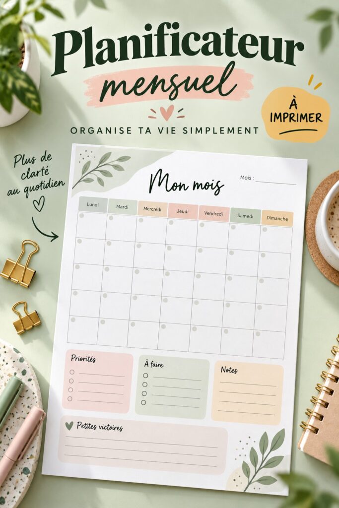 Modèle de planner mensuel imprimable sur un bureau