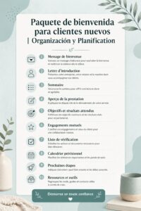 Paquet de bienvenue bien présenté avec divers goodies et informations pour les clients