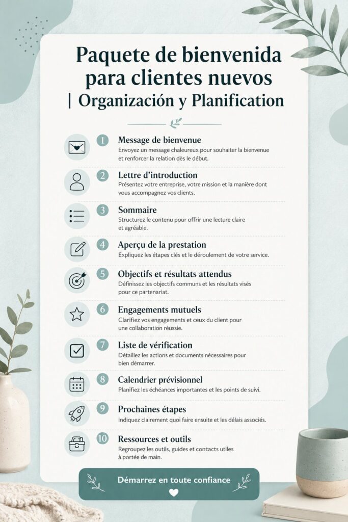 Paquet de bienvenue bien présenté avec divers goodies et informations pour les clients