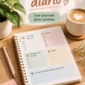 Femme utilisant un planner quotidien pour organiser sa journée au bureau.