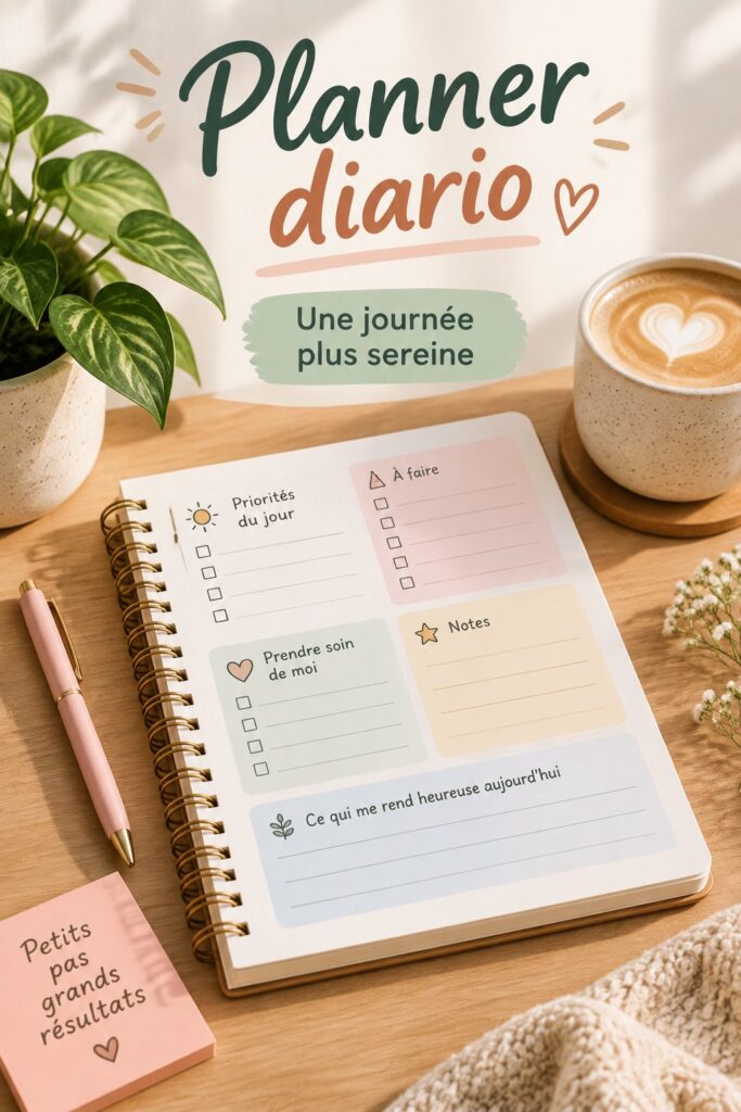 Femme utilisant un planner quotidien pour organiser sa journée au bureau.