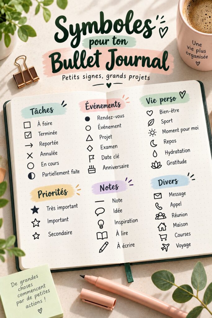 Bullet journal ouvert avec des symboles et des légendes