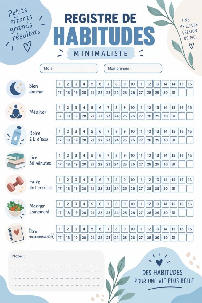 Un tableau de suivi d'habitudes minimaliste créé sur Canva