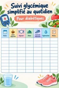 Tableau de contrôle de glucose sur une table de travail avec des outils de santé.