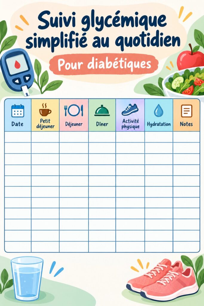 Tableau de contrôle de glucose sur une table de travail avec des outils de santé.