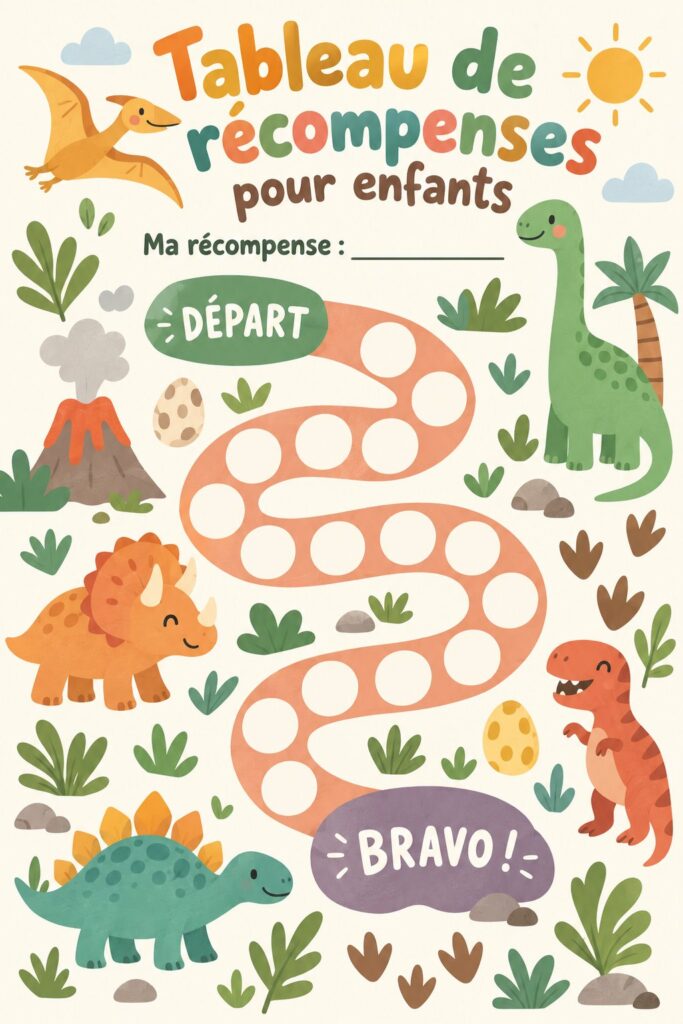 Tableau de récompenses coloré avec des motifs de dinosaures pour enfants