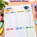 Calendrier d'examens élégant sur un bureau avec des fournitures scolaires.