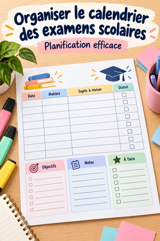 Calendrier d'examens élégant sur un bureau avec des fournitures scolaires.
