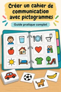 Un carnet de communication ouvert avec des pictogrammes colorés
