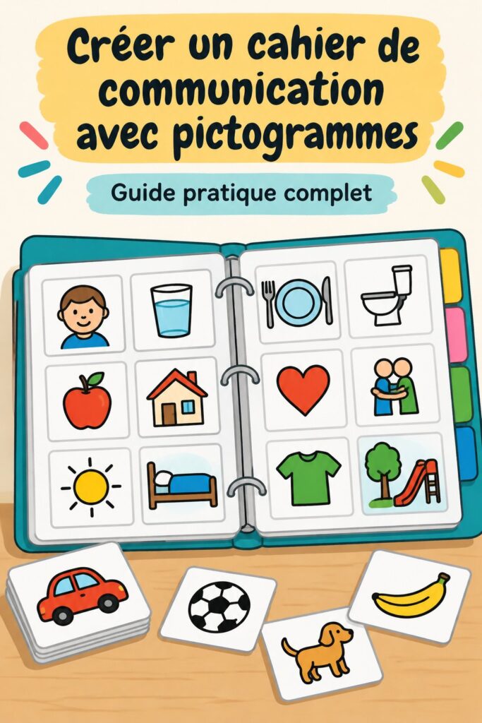 Un carnet de communication ouvert avec des pictogrammes colorés
