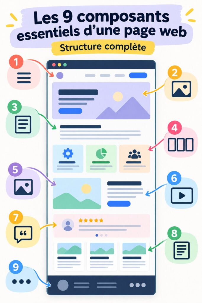 Illustration d'une page web avec les 9 composants clés pour une structure efficace.