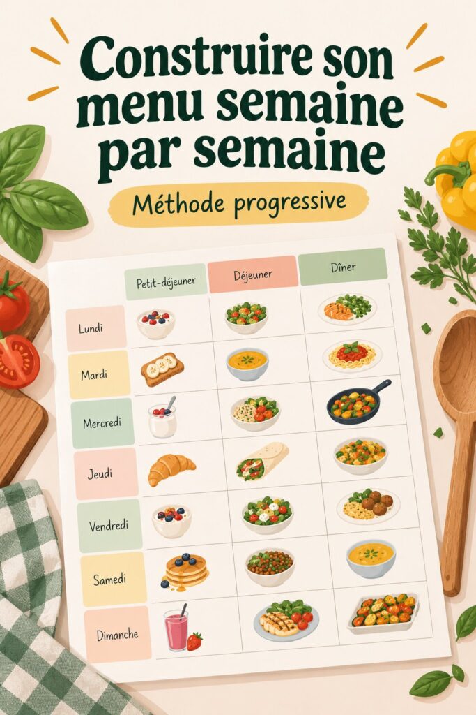 Femme en train de préparer un menu hebdomadaire sur une table