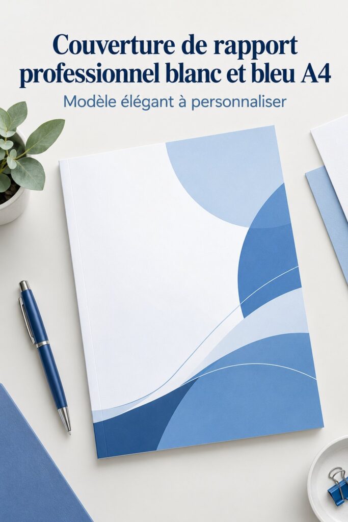 Couverture de rapport professionnel A4 blanche et bleue