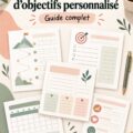 Femme utilisant un planificateur d'objectifs personnalisé au bureau