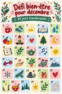 Un calendrier illustrant 31 jours d'activités d'autosoins au mois de décembre