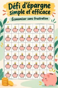 Femme joyeuse réalisant un défi d'épargne avec des amis et un budget sur une table.